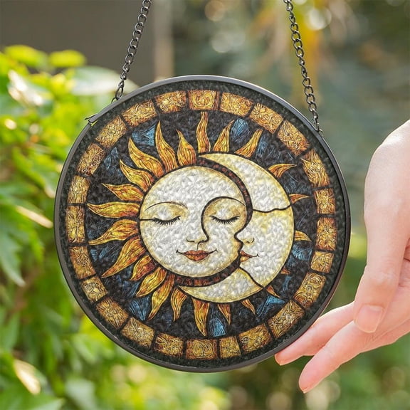 Sun Moon Glass Suncatcher, Celestial Faces Window Hanging, Spiritual Home Decor, 3.5 in