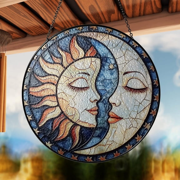 Sun & Moon Glass Suncatcher, Sun and Moon Faces Window Hanging, Sun Moon Art, 3.5 in