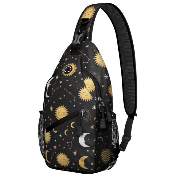 Sun and Moon Gothic Pattern Sling Backpack, Unisex Cycling Crossbody Bag with Side Mesh Pockets, Earphone Hole Port Gift Ideas for Holiday Birthday Gifts