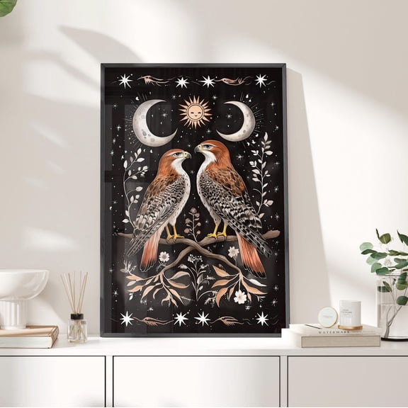 Sun Moon Hawk Wall Art, Folk Art Bird Decor, Unframed Paper Print Size 8x12