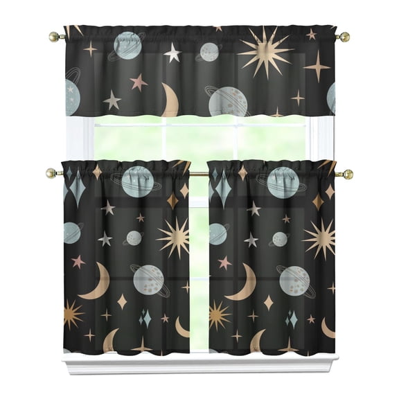 Sun Moon Kitchen Curtains Set Gothic Celestial Astrology Print Starry Night Cosmic Aesthetic Mystical Star Golden Witchy Spiritual Tier and Valance Rod Pocket Curtains for Nursery or Small Balcony