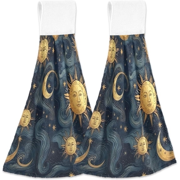 Sun and Moon Kitchen Hanging Towel Set 2 Pcs Dish Cloths Hand Towels Soft Absorbent Durable Coral Velvet Tie Towels 12x17 in for Bathroom Laundry Room Decor Washcloth Gift