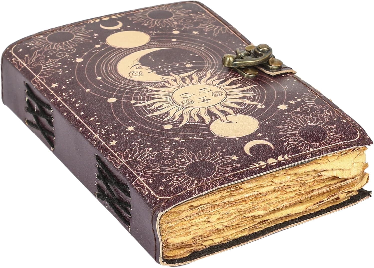 Sun Moon Leather Journal for Men & Women - Blank Spell Book of Shadows Grimoire Witchy Journal, 200 Deckle Edge Vintage Paper, Leather Journal, Gothic Gift (8x6)