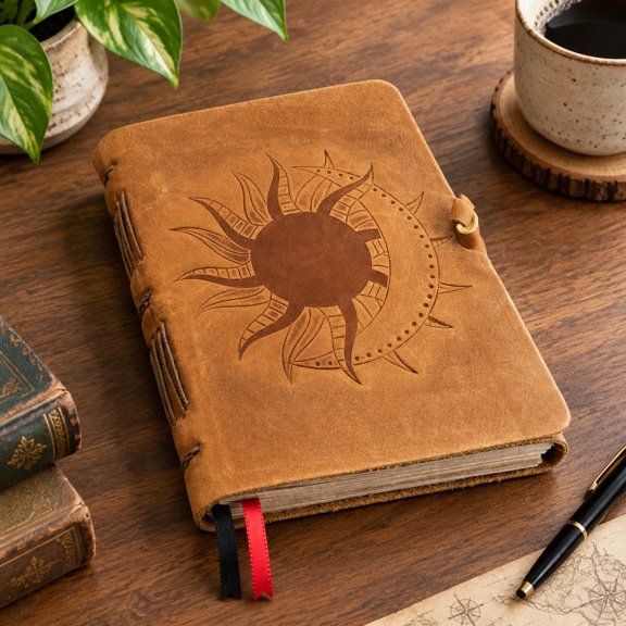 Sun & Moon Lined Journal, 5x7 Inches, 184 Pages, Handcrafted Leather Bound Notebook
