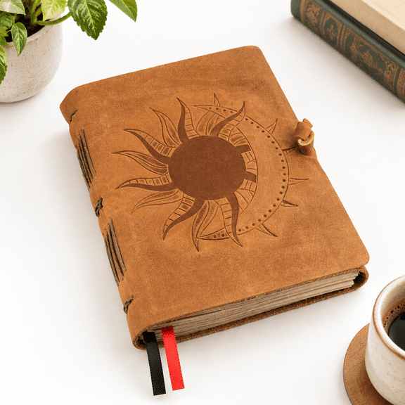 Sun & Moon Lined Journal, 5x7 Inches, Handcrafted Leather Bound Notebook for Writing, 184 Pages