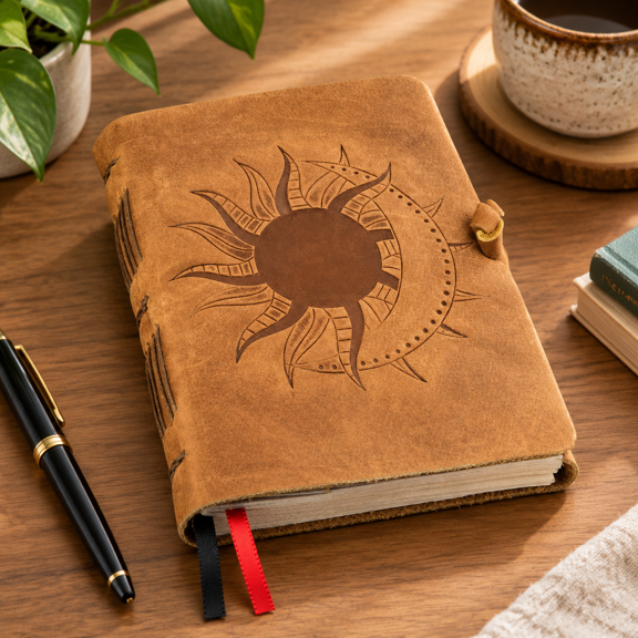 Sun & Moon Lined Journal, 5x7in, 184 Pages, Handcrafted Leather Bound Notebook