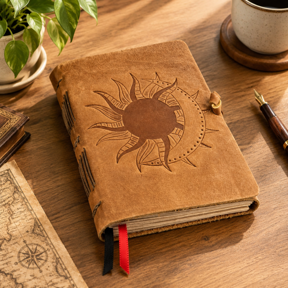 Sun & Moon Lined Journal, 5x7in, Handcrafted Leather Bound Notebook with 184 Pages