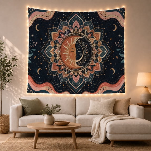 Sun and Moon Mandala Within Layered Petals, Mystical Celestial for Astronomy Fans, Night Sky Decor, Housewarming Gift, Tapestry Wall Hanging for Bedroom and Meditation Room