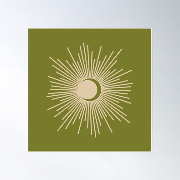 Sun And Moon - Minimalist Mid Century Modern Sunburst And Crescent Moon In Mid Mod Olive Green And Beige Poster Wall Art, Modern Wall Decor For Living Room Bedroom, 16x16 UNFRAMED