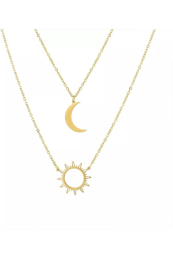 Sun and Moon Necklace Gold Double Layered Sunflower Moon Pendant Titanium Steel Crescent Necklace for Women Couple Matching Necklace Birthday Christmas Valentine'S Day Gifts Jewelry
