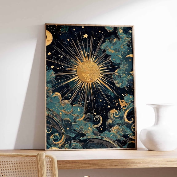 Sun And Moon Poster, Celestial Poster, Spiritual Decor, Vintage Poster, Retro Print, 70'S Poster, Boho Poster, Mystical Art, Meditation Art Wall Art, Modern Wall Decor, 8x12 UNFRAMED