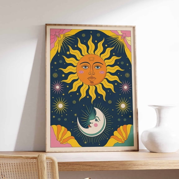 Sun And Moon Poster, Celestial Poster, Spiritual Decor, Vintage Poster, Retro Print, 70'S Poster, Boho Poster, Mystical Art, Meditation Art Wall Art, Modern Wall Decor, 8x12 UNFRAMED