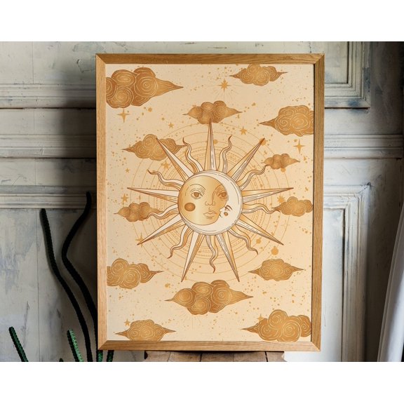 Sun And Moon Print, Vintage Poster, 70S Wall Art, Witchy Wall Art, Retro Home Decor, Celestial Print, 70S Decor, Sun Print, Witchcraft Decor Wall Art, Modern Wall Decor, 16x24 UNFRAMED