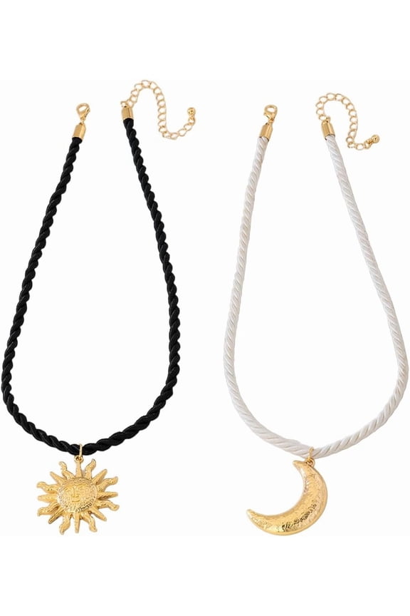Sun Moon Promise Matching Couple Pendant Necklace for Him and Her Set Gold-Toned Black White Crescent Celestial Statement Rope Chain Necklaces Adjustable Wedding Valentine Jewelry 18 Inches