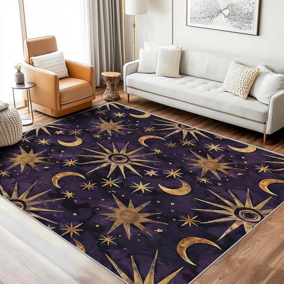 Sun Moon Purple Vintage Area Rug, Boho Retro Design Carpet, Washable Non Slip Soft Low Pile, Living Room Bedroom Kitchen Office Mat 5x8ft