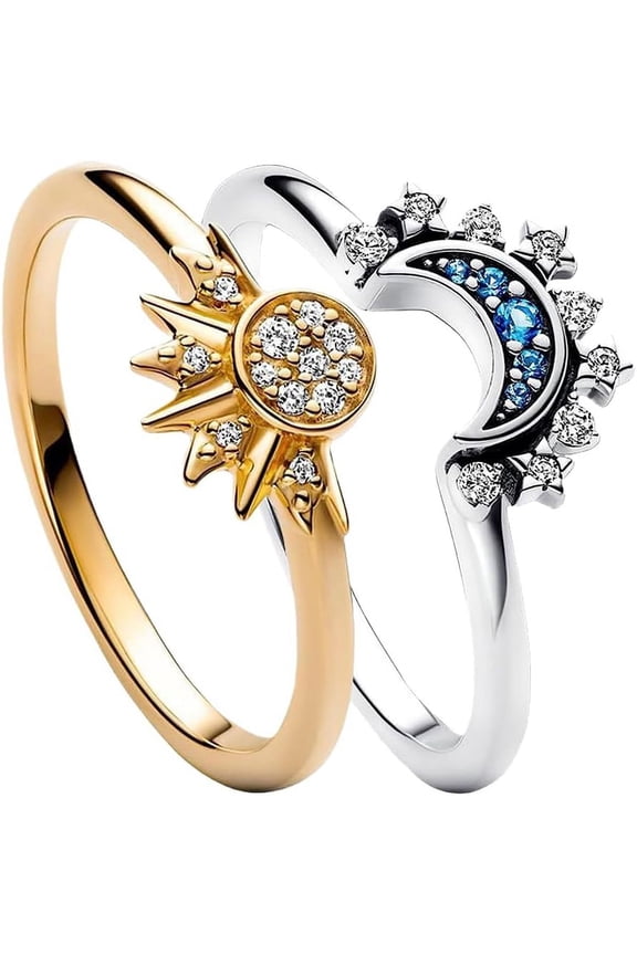 Sun And Moon Ring Set Size 6-11 Celestial Sun Moon Crescent Ring Set Gold Silver Shiny Sun Ring Blue Moon Ring for Women Men Fashion Rhinestone Crystal Rings Set Jewelry Gift