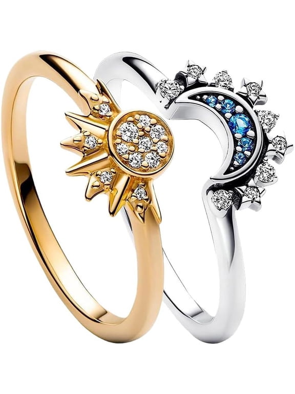 Sun And Moon Ring Set Size 6-11 Celestial Sun Moon Crescent Ring Set Gold Silver Shiny Sun Ring Blue Moon Ring for Women Men Fashion Rhinestone Crystal Rings Set Jewelry Gift