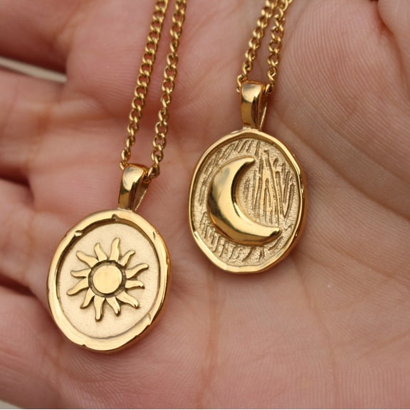 Sun Moon Round Coin Necklace High Color Retention Real Gold Plating 18K