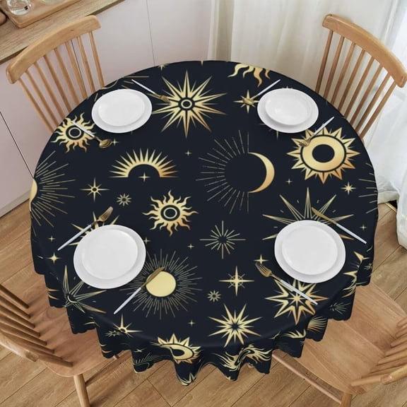 Sun Moon Round Tablecloth, Mystical Magic Golden Galaxy Table Cover for Home Kitchen Dining Table Picnic Party Decor, 70x70in