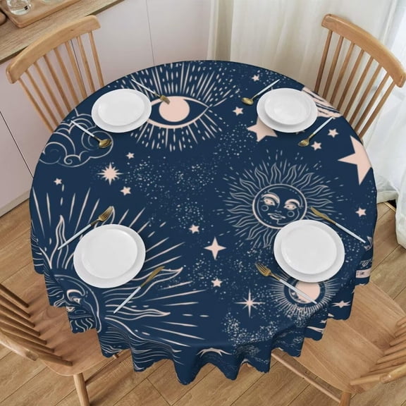 Sun Moon Round Tablecloth, Zodiac Vintage Mystic Blue Space Galaxy Moon Phase Print Table Cover for Home Kitchen Dining Table Party Decor, 60x60in