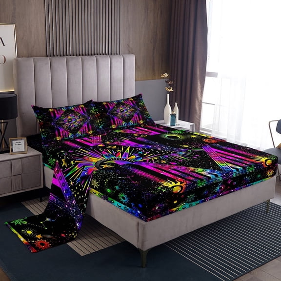Sun and Moon Sheet Sets, Colorful Tie Dye Bed Sheet Mystic Stars Flat Sheet Psychedelic Celestial Astrology Fitted Sheet Bohemian Constellation Zodiac Bed Cover Full 4Pcs, 2 Pillowcase