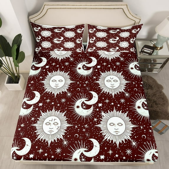Sun And Moon Sheets Girly Brown Bohemian Decor Fitted Sheet Queen,Glitter Extoic Style Bed Sheets Boho Hippie Style Bedding Set Teens Bedroom(No Top Sheet)