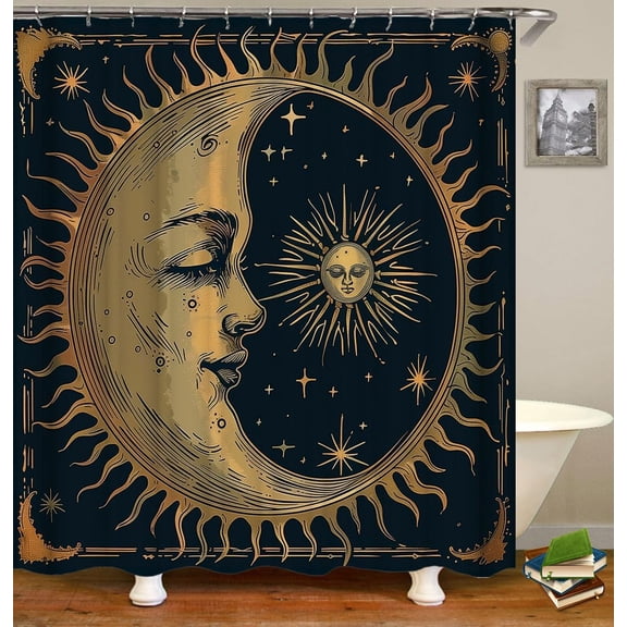 Sun and Moon Shower Curtain Fabric Boho Chic Art Golden Sun Moon and Stars Over Blue Black Sky Antique Style Polyester Cloth Print Bathroom Curtains Include Hooks-72"W x 72"L (Pack of 1)
