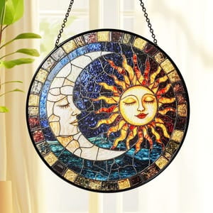 Sun & Moon Stained Glass SunCatcher, Sun and Moon with Faces Light Catcher Window Hanging Home Decoration Gift, Sun and Moon Lover, 3.5 in