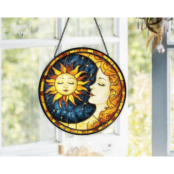 Sun & Moon Stained Glass Suncatcher, Face with Sun Moon Stained Glass, Home Decor, Sun And Moon Window Hanging, Sun Moon Star Wall Decor