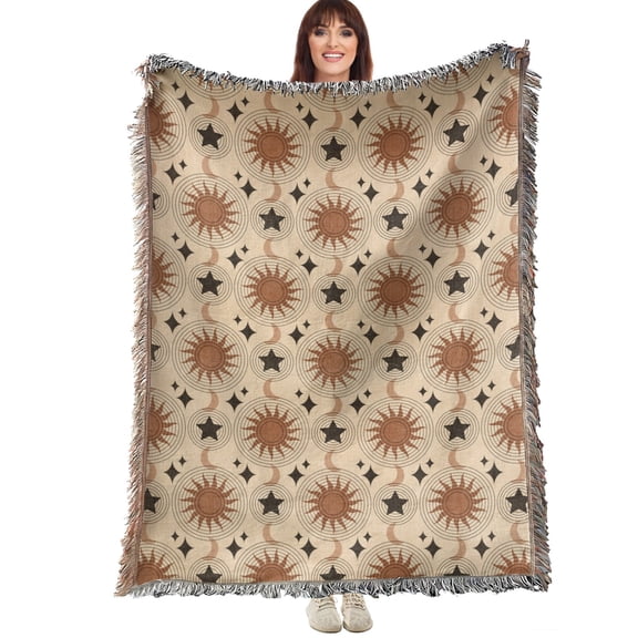 Sun Moon Star Boho Woven Throw Blanket with Fringe, 3 Sizes 37x52 50×60 60×80 Inch All Season Blanket for Indoor Outdoor Use