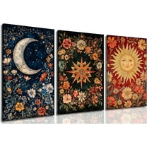 Sun Moon and Star Celestial Canvas Wall Art Tarot Crescent Moon Picture Wall Decor Gothic Wildflowers Painting Posters Print Artwork Aesthetic Dark Academia Vibe for Bedroom Home Decor