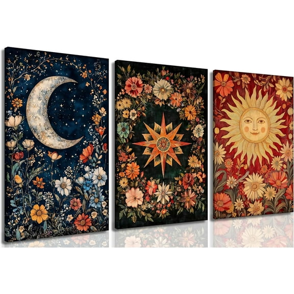 Sun Moon and Star Celestial Canvas Wall Art Tarot Crescent Moon Picture Wall Decor Gothic Wildflowers Painting Posters Print Artwork Aesthetic Dark Academia Vibe for Bedroom Home Decor