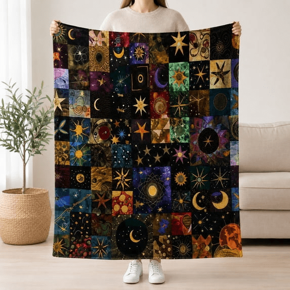 Sun Moon Star Celestial Fleece Throw Blanket, Soft Flannel Polyester, Boho Home Decor