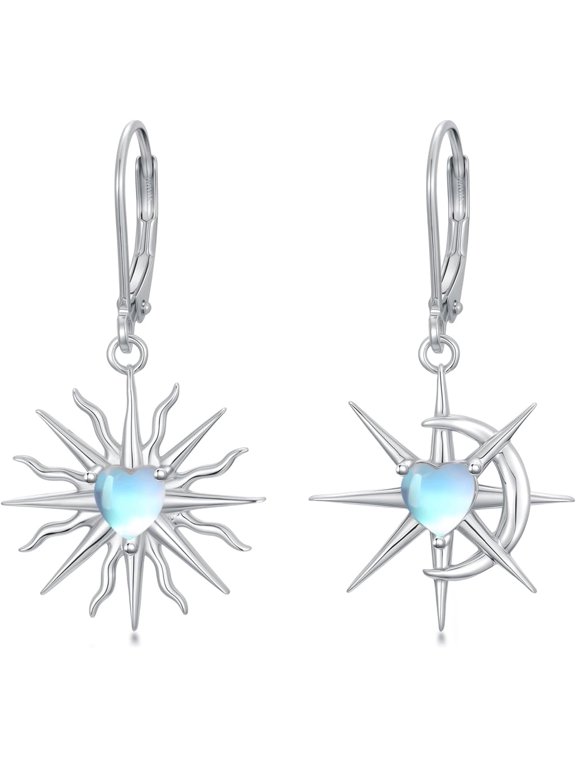 Sun Moon Star Earrings for Women 925 Sterling Silver Moonstone Celestial Sun Star Crescent Moon Dangle Drop Earrings Ladies Jewelry