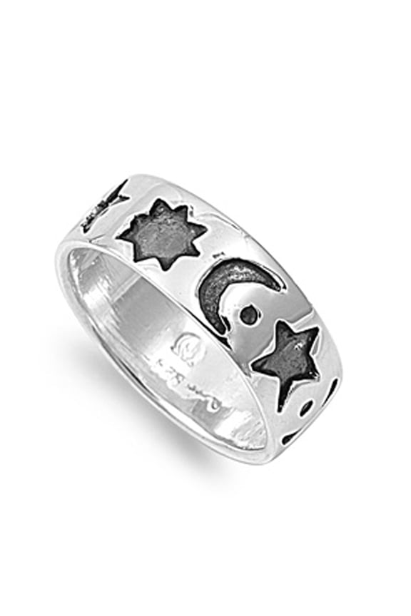 Sun Moon Star Eternity Galaxy Wide Ring .925 Sterling Silver Band Jewelry Female Male Unisex Size 11