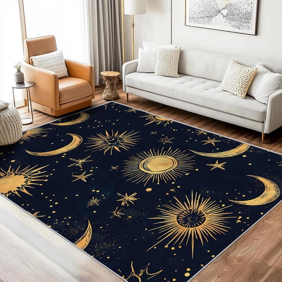 Sun Moon Star Galaxy Area Rug, Celestial Space Design Carpet, Washable Non Slip Soft Low Pile, Living Room Bedroom Kitchen Office Mat 2x3ft