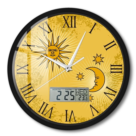 Sun Moon Star Roman Numerals Wall Clock with Temperature Date Week Digital LCD Indicator