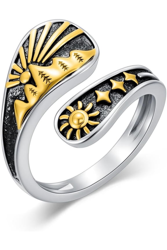 Sun and Moon Star Spoon Rings 925 Sterling Silver Adjustable Sun and Moon Thumb Vintage Finger Open Mountain Spoon Ring Moon Phase Jewelry Halloween Christmas Birthday for Women Friends