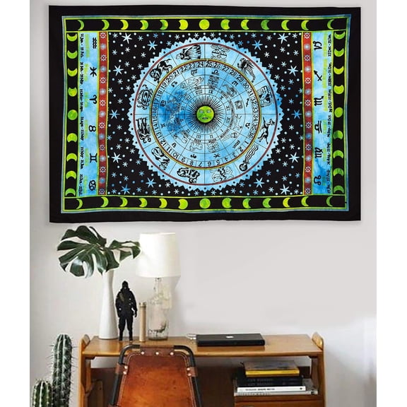 Sun Moon Star Zodiac Goodluck Tarot Card Bohemian Room Dorm Decor Hippie Indian Boho Tapestry Psychedelic Mandala Wall Hanging Art Cotton Tapestries (Turquoise, 30"X40")