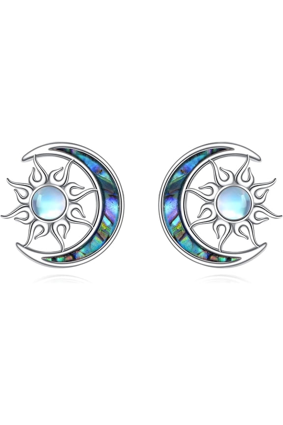 Sun Moon Stud Earrings for Women 925 Sterling Silver Sun Moon Stud Earrings Moonstone Abalone Shell Jewelry Gift