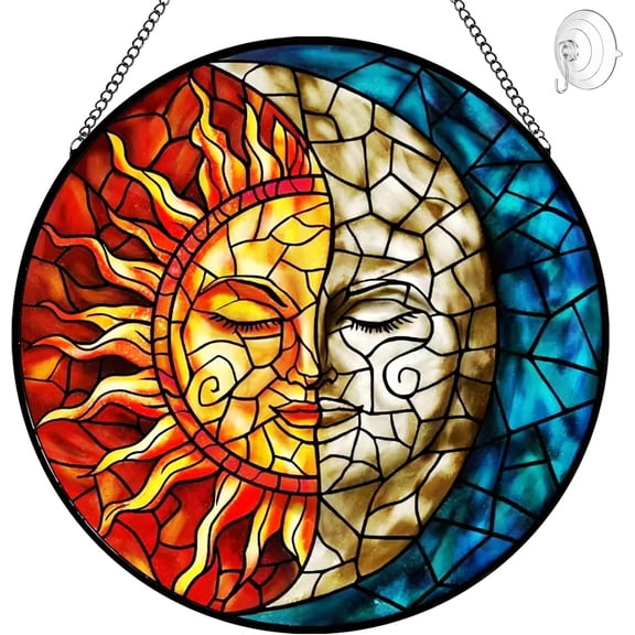 Sun and Moon Sun Catcher Stained Glass Window Hanging Handmade Stained Glass Suncatcher for Windows Hanging Celestial Sun Catchers Indoor Wall Decor Decoration for Garden Home Housewarming Gifts
