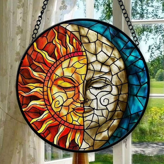 Sun and Moon Suncatcher Stained Glass Window Hanging - Handmade Sun Catcher Colorful Suncatchers with Chain - Sun Catchers Indoor Wall Art Glass Panel for Home Decor Garden