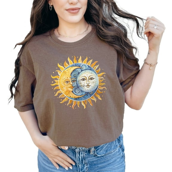 Sun and Moon T-Shirt, Celestial Graphic Tee, Cosmic Design Shirt, Spiritual Art T-Shirt, Unique Astronomical Print Top, Comfortable Wear, Espresso Comfort Colors T-Shirt, 3XL