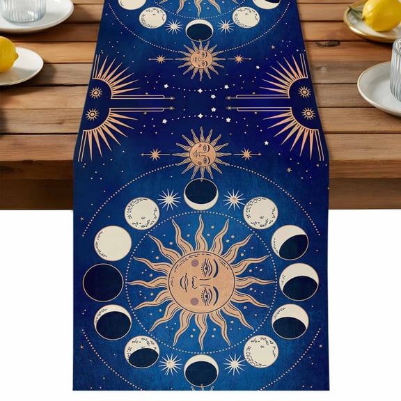 Sun Moon Table Runner, Starry Sky Cotton Linen Table Cloth, Mystery Tarot Tablerunner for Kitchen Dining Party Wedding Home Decor 13x36 Inch