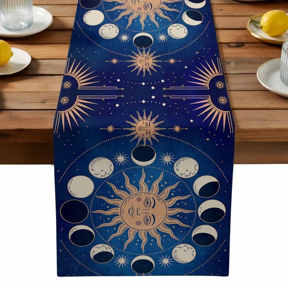 Sun Moon Table Runner, Starry Sky Kitchen Table Runners Dress Scarves for Table Decorations Party/Restaurant/Indoor Outdoor Use, 13x36in