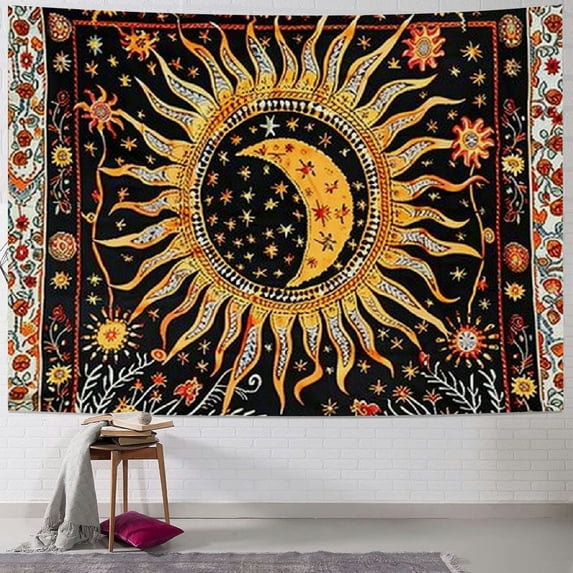 Sun And Moon Tapestry Aesthetic- Burning Sun With Stars Mystic Wall Hanging Tapestries Hippie- Golden Celestial Tapestrys For Bedroom- Indie Wall Tapastry Hippie Room Décor