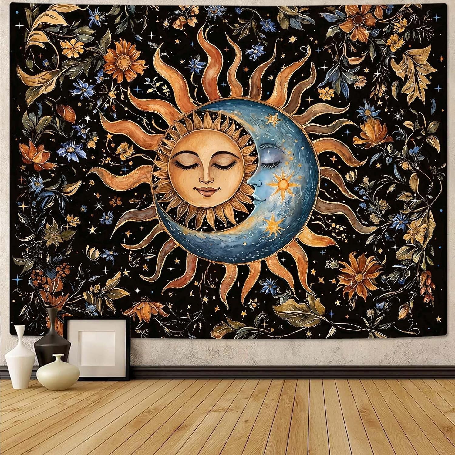 Sun and Moon Tapestry for Bedroom Boho Vintage Floral Hippie Wall