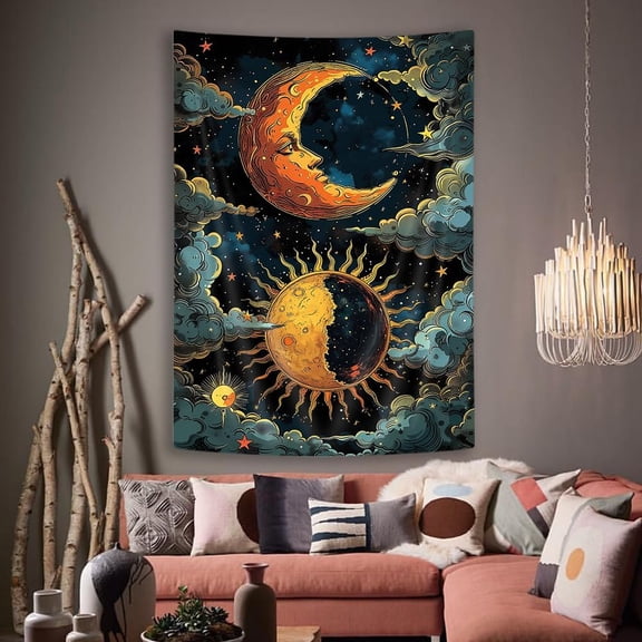 Sun Moon Tapestry Vintage Yellow Aesthetic Boho Sun Moon Clouds Mystic Stars Bedroom Wall Hanging Hippie Tapestry Living Room Dorm Wall Decor Psychedelic Art Tapestry 30X40 Inch