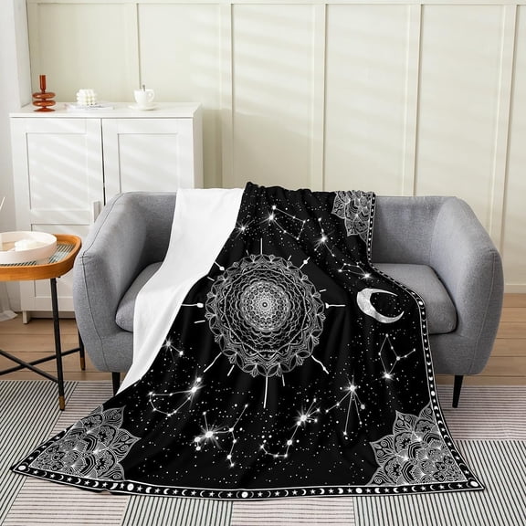 Sun and Moon Throw Blanket 40x50 Bohemian Exotic Blanket for Kids Teens Adult Women Boho Chic Mandala Fleece Blanket Galaxy Constellation Flannel Blanket,Black White Bed Couch Decor