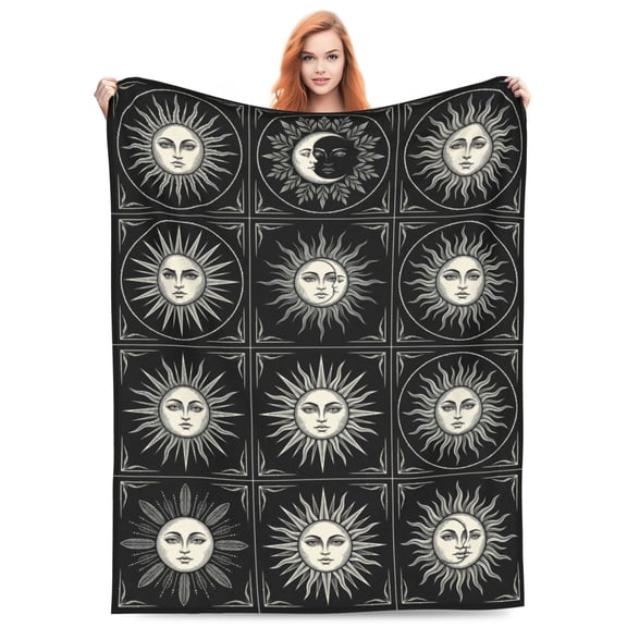 Sun And Moon Throw Blanket, Unique Heartwarming Gift For Her Traditional Engraving Style Celestial Pattern For Lounge Chair Couch, Aesthetic Home Decor 50x40